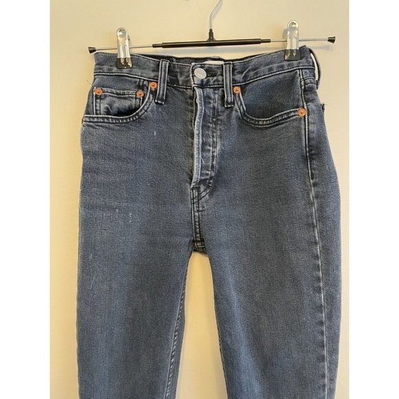 RE/DONE ORIGINALS High Rise Ankle Crop Blue Jean Size 24 Raw Fray Hem Button Fly - Picture 4 of 12